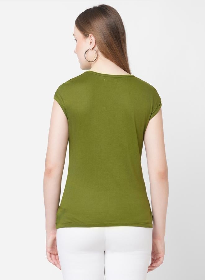 ميش تيشيرت نسائي قصير بأكمام قصيرة وربطة أمامية بلون الزيتون الصلب - Image 5