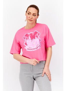 Women Round Neck Short Sleeve Graphic Print T-Shirt, Pink