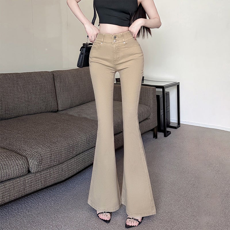 Ready Stock, Come With Crotch Pads, Black Double-Button Bootcut Jeans For Women, High-Waisted, Slim-Fitting, Stretchy Floor-Length Pants - Image 1