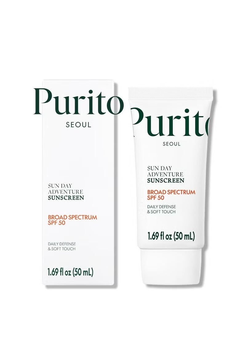 PURITO Sun Day Adventure Korean Sunscreen Smoothest and Lightest Texture Broad Spectrum SPF 50 UVA & UVB Protection No White Cast Oil Free For All Skin Types Vegan Daily Skin Care 50ml, 1.69 fl.oz  - Image 1