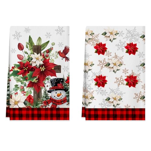 XCHI Red Plaid Winter Poinsettia Cross Snowman Christmas Kitchen Towels Dish Towels 18x26 Inch Xmas Home Kitchen Decorations Hand Towels Set of 2 Drying Dishcloth - Image 1