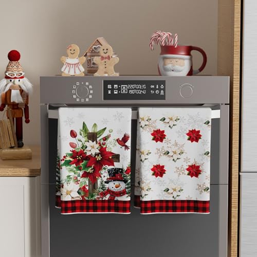 XCHI Red Plaid Winter Poinsettia Cross Snowman Christmas Kitchen Towels Dish Towels 18x26 Inch Xmas Home Kitchen Decorations Hand Towels Set of 2 Drying Dishcloth - Image 4