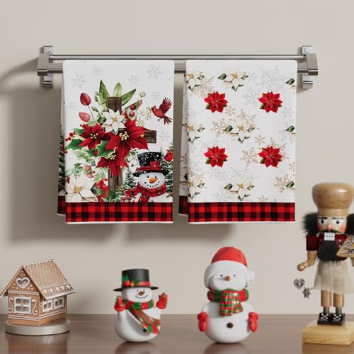 XCHI Red Plaid Winter Poinsettia Cross Snowman Christmas Kitchen Towels Dish Towels 18x26 Inch Xmas Home Kitchen Decorations Hand Towels Set of 2 Drying Dishcloth - Image 2