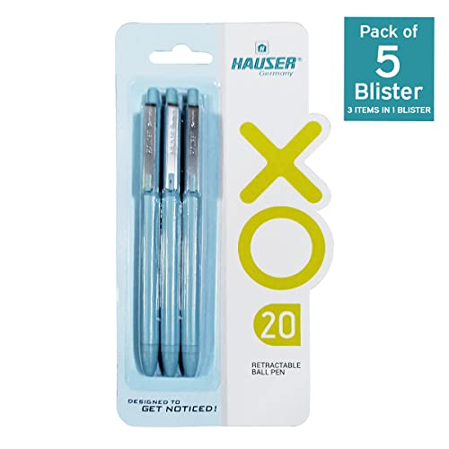 Hauser Xo 20 Retractable Ball Pen Blister Pack | Tip 0.7mm | Sleek Body & Minimalistic Design | Matt Finish | Solid Body Type | Low Viscosity Ink | Ultra Durable Tip | Blue Ink, Set of 3 Pcs X 5 Pack - Image 2