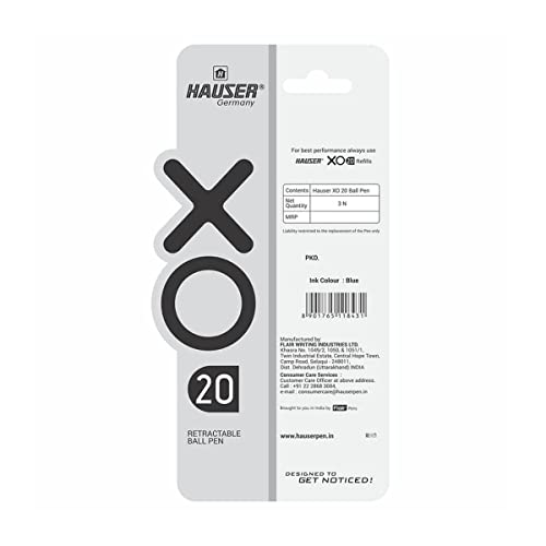 Hauser Xo 20 Retractable Ball Pen Blister Pack | Tip 0.7mm | Sleek Body & Minimalistic Design | Matt Finish | Solid Body Type | Low Viscosity Ink | Ultra Durable Tip | Blue Ink, Set of 3 Pcs X 5 Pack - Image 4