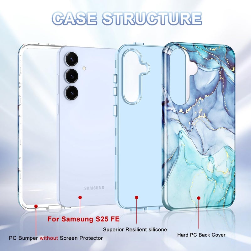 Avocase Compatible with Samsung Galaxy S25 FE Case, Marble Pattern 3 in 1 Heavy Duty Shockproof Full Body Hard PC+Soft Silicone Drop Protective Women Girls Case for Galaxy S25 FE (2025), Blue Cyan - Image 2