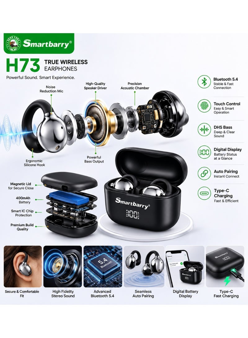 Smartbarry H73 True Wireless Earbuds, Clip-On Ear Style Bluetooth 5.4 Earphones with Touch Control, Digital Display Charging Case, Stereo Sound, 4H Playtime - Image 2