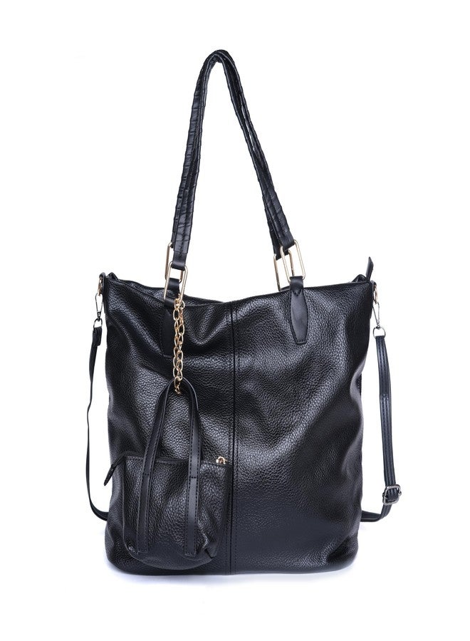 SANTORINI DuoCharm Women’s Trapezoid Tote Bag | Spacious Shoulder Handbag with Mini Bag Charm, 1 Compartment, Multiple pockets, Detachable Sling Strap | Fits 14” Laptop (Black) - Image 1