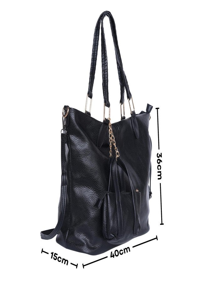 SANTORINI DuoCharm Women’s Trapezoid Tote Bag | Spacious Shoulder Handbag with Mini Bag Charm, 1 Compartment, Multiple pockets, Detachable Sling Strap | Fits 14” Laptop (Black) - Image 2