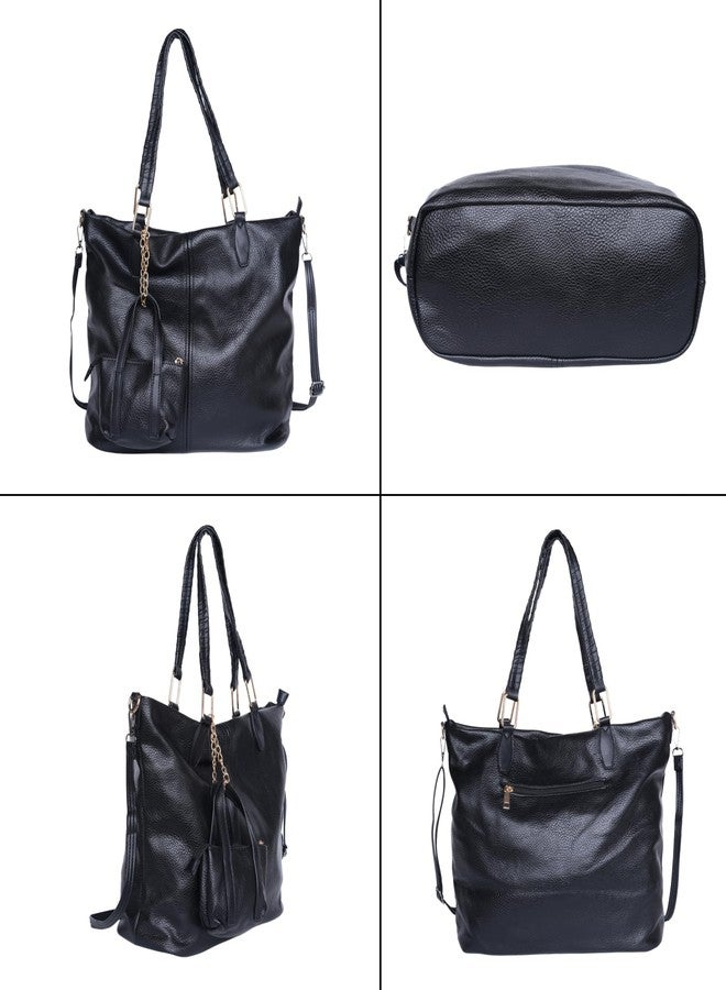 SANTORINI DuoCharm Women’s Trapezoid Tote Bag | Spacious Shoulder Handbag with Mini Bag Charm, 1 Compartment, Multiple pockets, Detachable Sling Strap | Fits 14” Laptop (Black) - Image 3
