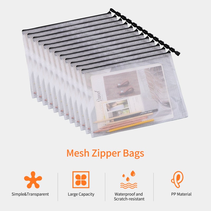 A3 Storage Bags 12 Packs PP Material Water-Resistant Document Protectors - Durable Metal Zipper With Rope Loop Paper Organizers for Office Travel Home Organization - Image 2