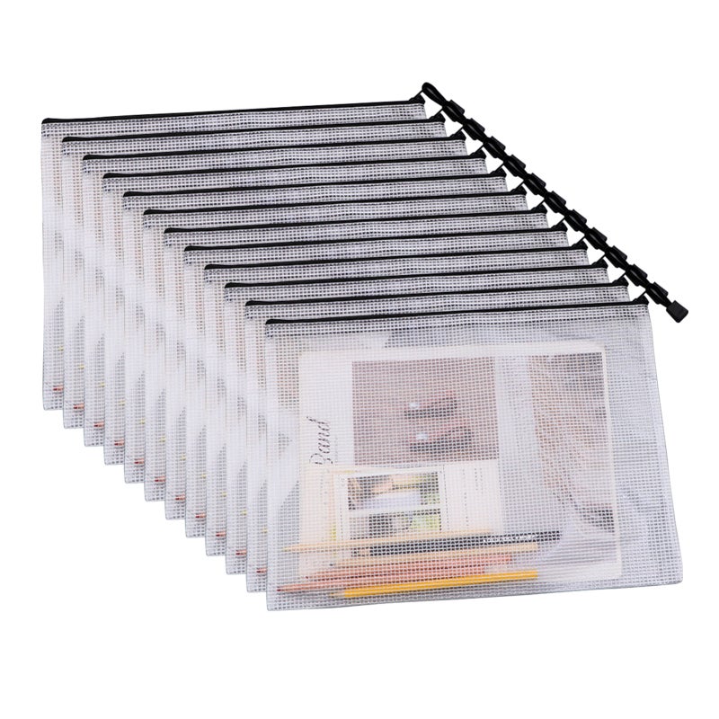 A3 Storage Bags 12 Packs PP Material Water-Resistant Document Protectors - Durable Metal Zipper With Rope Loop Paper Organizers for Office Travel Home Organization - Image 1