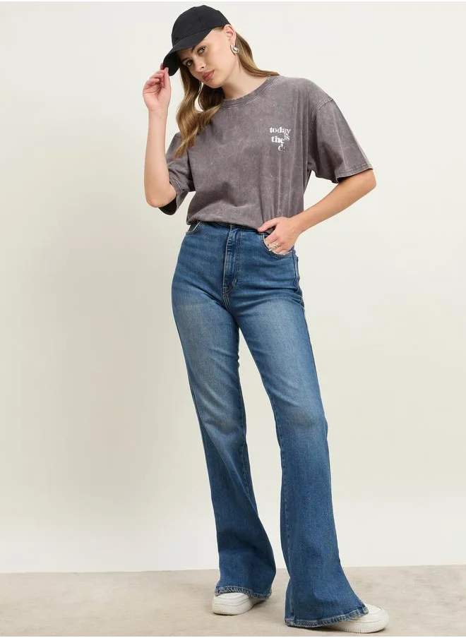 Styli Styli Acid Washed Foil Slogan Print Oversized Longline T-Shirt