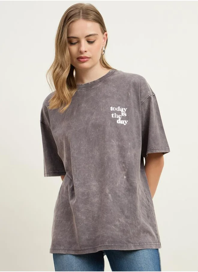 Styli Styli Acid Washed Foil Slogan Print Oversized Longline T-Shirt