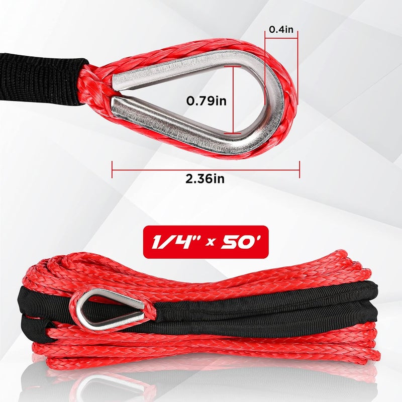 XPV AUTO XPV SK75 1/4" x 49‘ Dyneema Synthetic Winch Rope 10000LBS Cable with Black Protecting Sleeve for SUV ATV UTV Vehicle Boat Car (Red) - Image 5