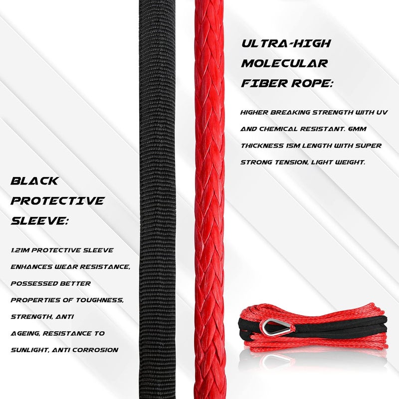 XPV AUTO XPV SK75 1/4" x 49‘ Dyneema Synthetic Winch Rope 10000LBS Cable with Black Protecting Sleeve for SUV ATV UTV Vehicle Boat Car (Red) - Image 3
