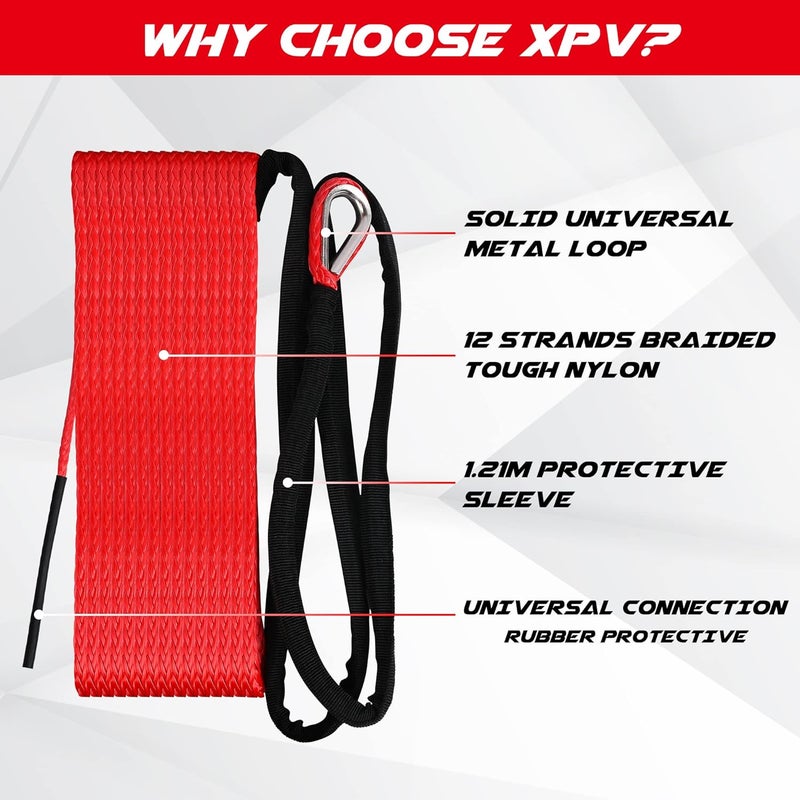 XPV AUTO XPV SK75 1/4" x 49‘ Dyneema Synthetic Winch Rope 10000LBS Cable with Black Protecting Sleeve for SUV ATV UTV Vehicle Boat Car (Red) - Image 2