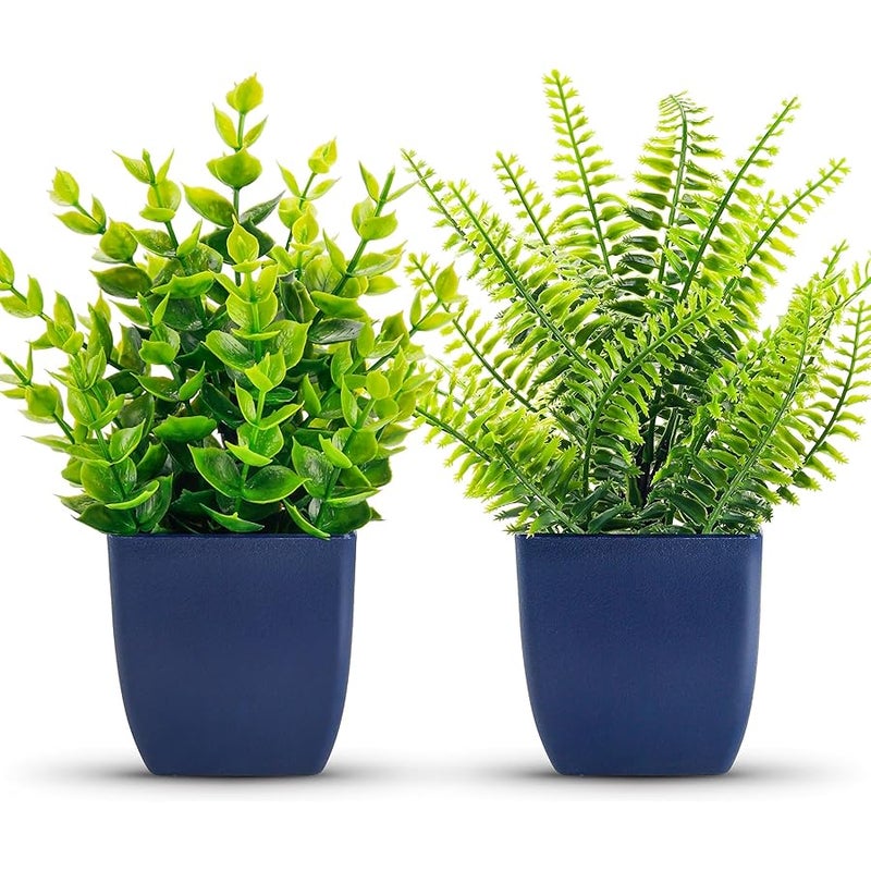 Der Rose 2 Pack Fake Plants Small Artificial Plants in Blue Pots Faux Plants Indoor for Home Room Bathroom Living Room Decor - Image 1