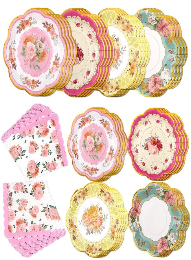 Boocikey Floral Tea Party Decorations,Tea Party Plates and Napkins Set Serve 16 Guests,Floral Paper Plates for Birthday Baby Shower Garden Wedding Afternoon Decorations - Image 1