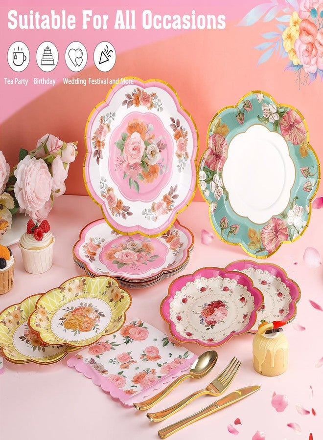Boocikey Floral Tea Party Decorations,Tea Party Plates and Napkins Set Serve 16 Guests,Floral Paper Plates for Birthday Baby Shower Garden Wedding Afternoon Decorations - Image 3