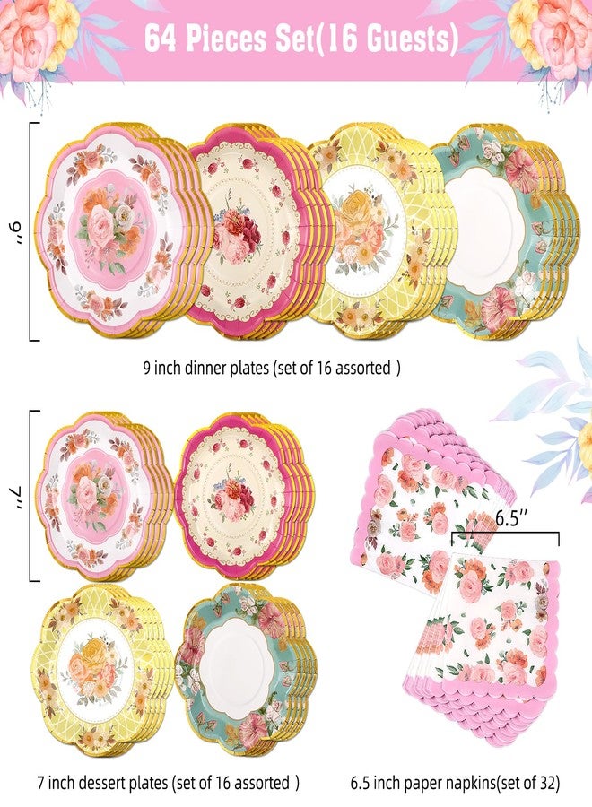 Boocikey Floral Tea Party Decorations,Tea Party Plates and Napkins Set Serve 16 Guests,Floral Paper Plates for Birthday Baby Shower Garden Wedding Afternoon Decorations - Image 2