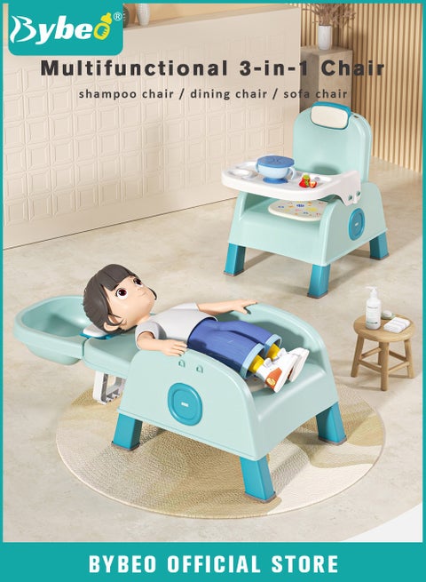 3-in-1 Baby Dining Chair, Multifunctional Kids Hair Washing Chair, Convertible Babies Bath Seats, Baby Feeding Chair, Foldable Kid Sofa Chair with Meal Tray Hair and Wash Utensils Set, Adjustable Height