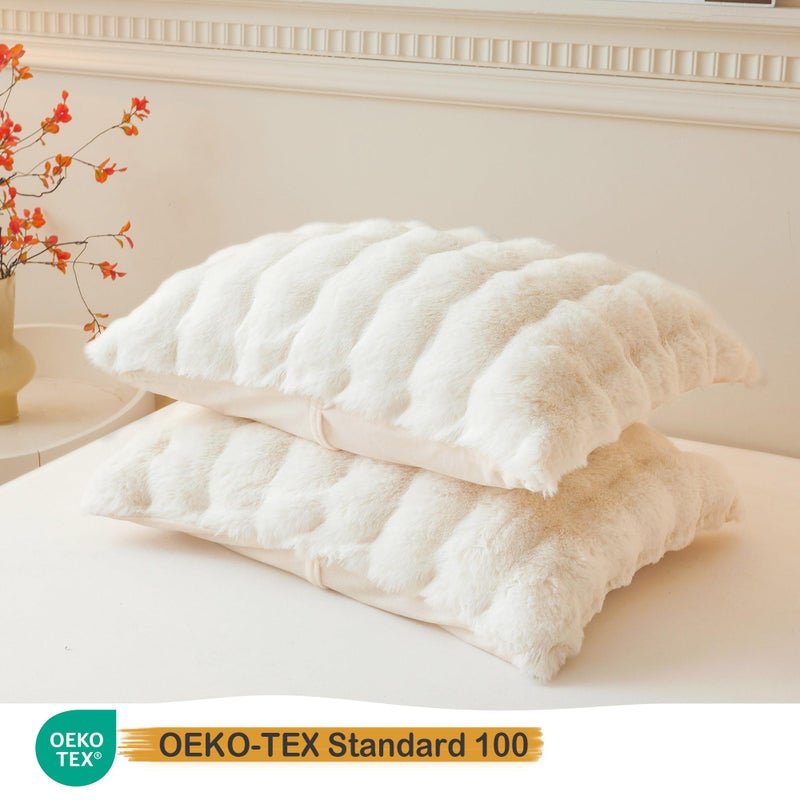 LIFEREVO 2 Pack Fluffy Faux Rabbit Fur Pillow Cases, Luxury Soft Plush Shaggy Bubble Pillowcases Standard Size with Zipper Closure, Furry Fuzzy Ivory Long Pillow Shams Bedroom Living Room 20x26, Beige - Image 3