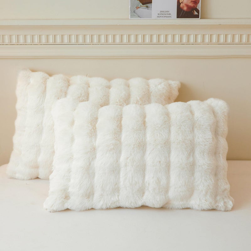 LIFEREVO 2 Pack Fluffy Faux Rabbit Fur Pillow Cases, Luxury Soft Plush Shaggy Bubble Pillowcases Standard Size with Zipper Closure, Furry Fuzzy Ivory Long Pillow Shams Bedroom Living Room 20x26, Beige - Image 1