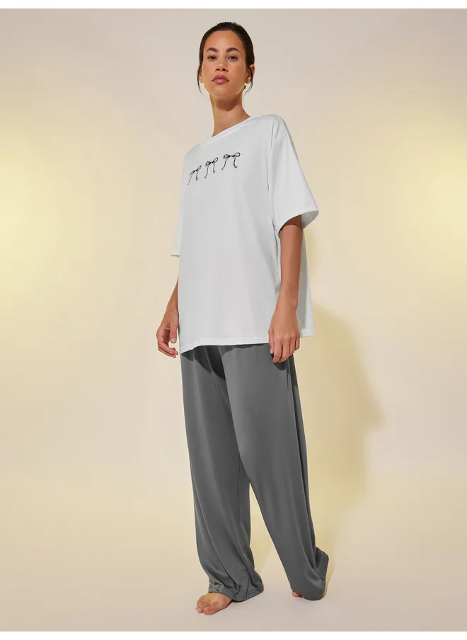 تايك تو Take Two Graphic Print Oversized T-Shirt and Straight Pyjama Set