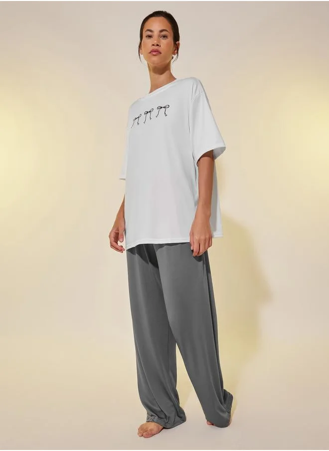 تايك تو Take Two Graphic Print Oversized T-Shirt and Straight Pyjama Set