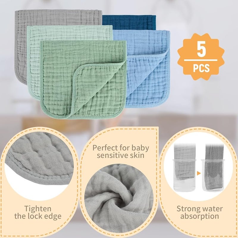 MIGIOL Baby Burp Cloth 100% Cotton Newborn Cotton Muslin Burp Cloth 10x20 inches (Blue & Green 5 Pieces) - Image 3