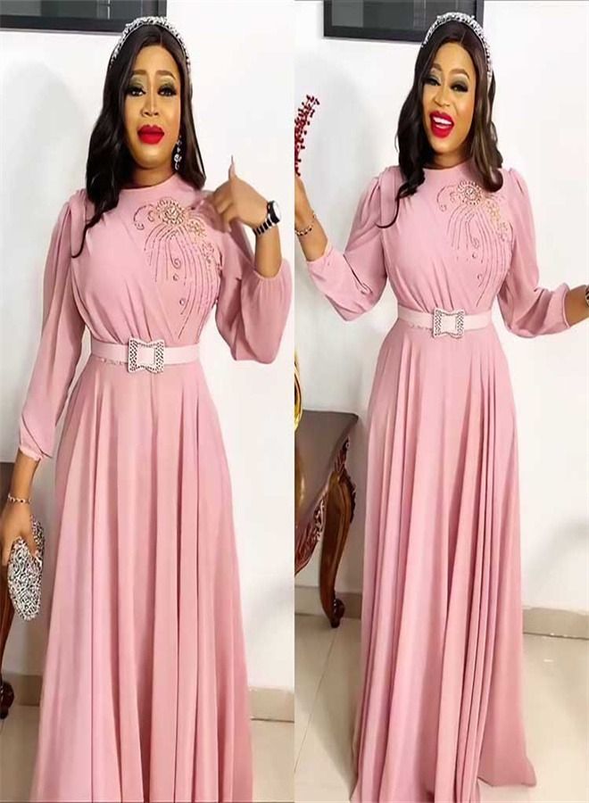Loquat Chiffon Scalded Beads Long Sleeve Belt Dress Abaya Pink 