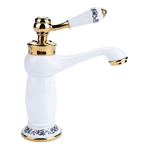 Fdit Ceramic Antique Brass Faucet, Bathroom Sink Water Tap, Long Neck Vintage Faucet Mixer Sink Tap Kitchen Cold/Hot Water Basin Tap (White) - Image 1