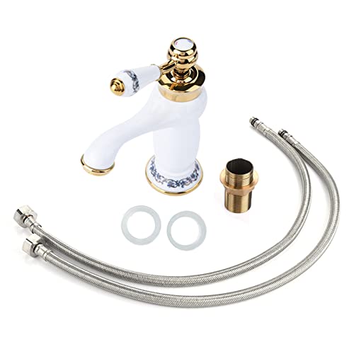 Fdit Ceramic Antique Brass Faucet, Bathroom Sink Water Tap, Long Neck Vintage Faucet Mixer Sink Tap Kitchen Cold/Hot Water Basin Tap (White) - Image 5