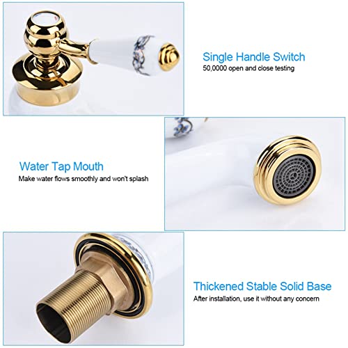 Fdit Ceramic Antique Brass Faucet, Bathroom Sink Water Tap, Long Neck Vintage Faucet Mixer Sink Tap Kitchen Cold/Hot Water Basin Tap (White) - Image 4