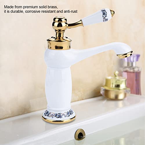 Fdit Ceramic Antique Brass Faucet, Bathroom Sink Water Tap, Long Neck Vintage Faucet Mixer Sink Tap Kitchen Cold/Hot Water Basin Tap (White) - Image 3
