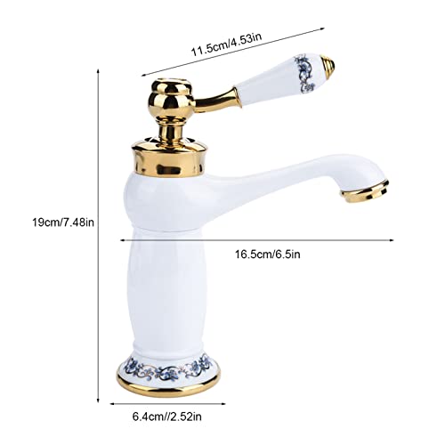 Fdit Ceramic Antique Brass Faucet, Bathroom Sink Water Tap, Long Neck Vintage Faucet Mixer Sink Tap Kitchen Cold/Hot Water Basin Tap (White) - Image 2