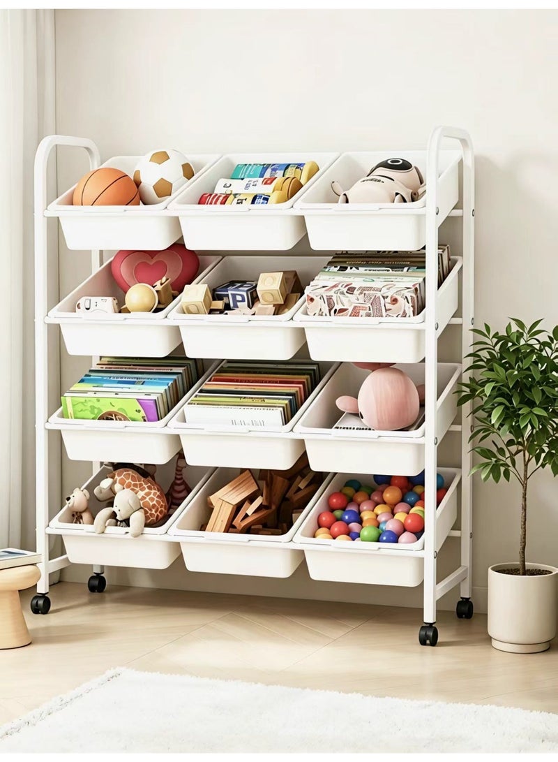 ChenDa Kids Toy Storage Rack, 4-Tier 12 Compartments Mobile Organizer with Casters for Kids' Essentials (PP Bins, Round Corner Protection, Washable) - Image 1