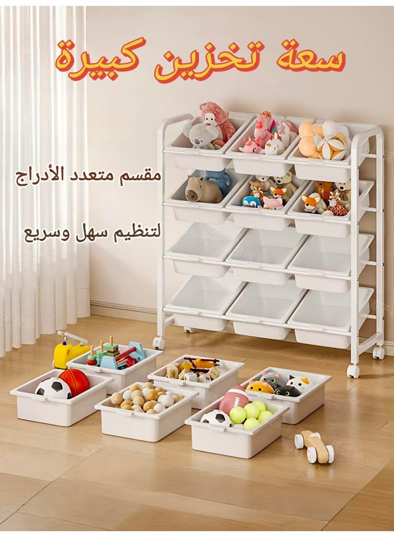 ChenDa Kids Toy Storage Rack, 4-Tier 12 Compartments Mobile Organizer with Casters for Kids' Essentials (PP Bins, Round Corner Protection, Washable) - Image 2