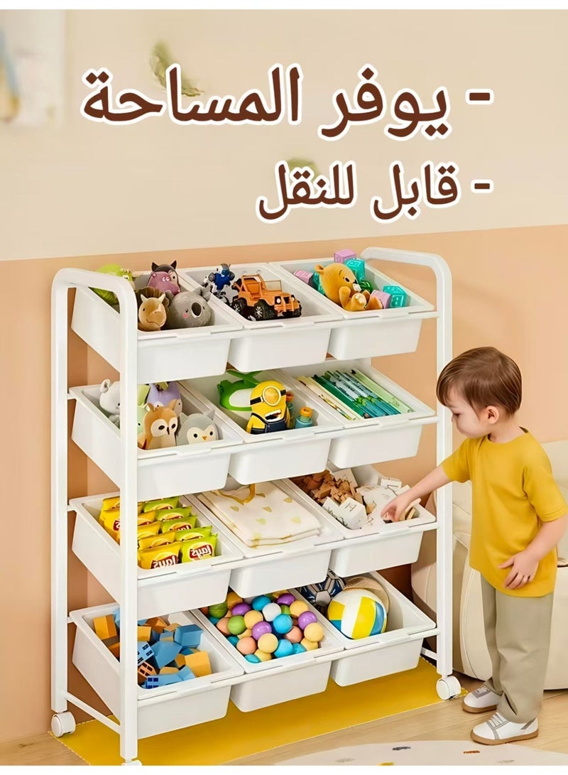 ChenDa Kids Toy Storage Rack, 4-Tier 12 Compartments Mobile Organizer with Casters for Kids' Essentials (PP Bins, Round Corner Protection, Washable) - Image 3
