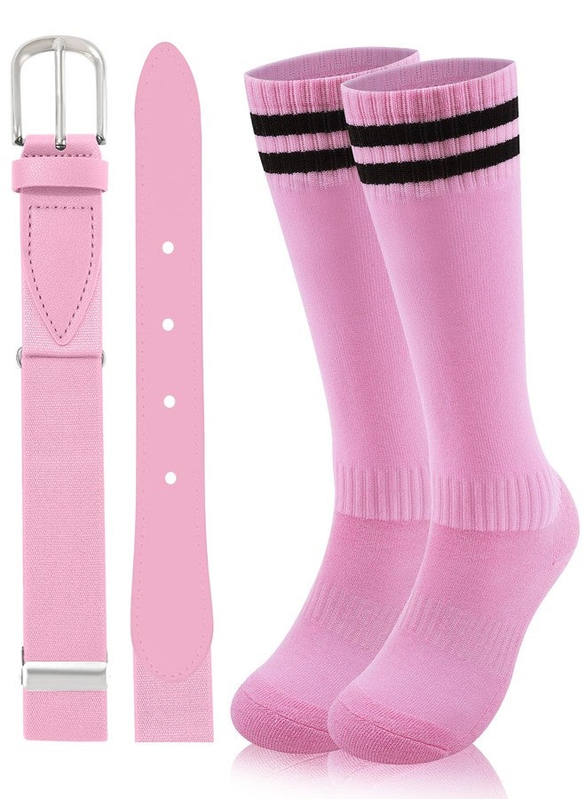 AWAYTR Youth Baseball Socks and Belt - Kids Softball Belts and Socks Combo for Youth Boys Girls (Pink, Fit waist 20" - 34" (Rec 6-15yrs)) - Image 1
