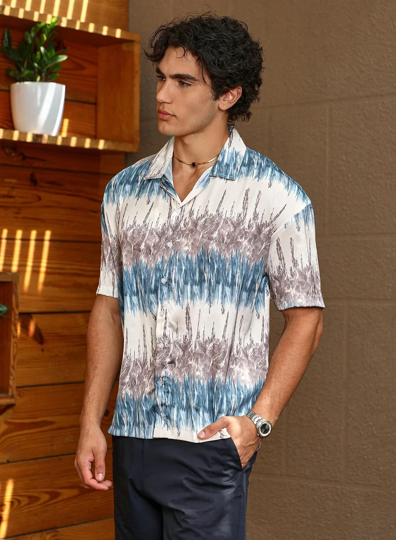 Campus Sutra Men's Indigo Blue & Charcoal Grey Indie Satin Oversized Shirt
