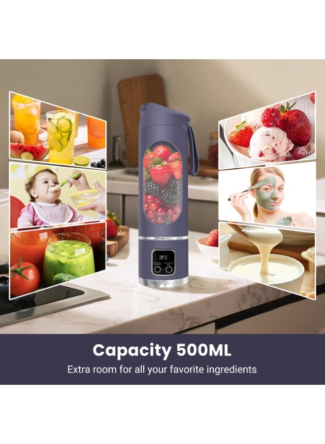 Portable blender,USB-C rechargeable,Personal compact travel juicer cup15OZ for Shakes, Smoothies,Fresh juice,Self-cleaning,Leakproof lid, Smart time display,12 blades,with strong blending Purple - Image 2