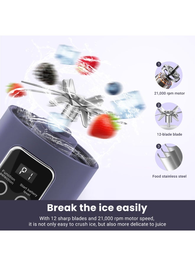 Portable blender,USB-C rechargeable,Personal compact travel juicer cup15OZ for Shakes, Smoothies,Fresh juice,Self-cleaning,Leakproof lid, Smart time display,12 blades,with strong blending Purple - Image 3