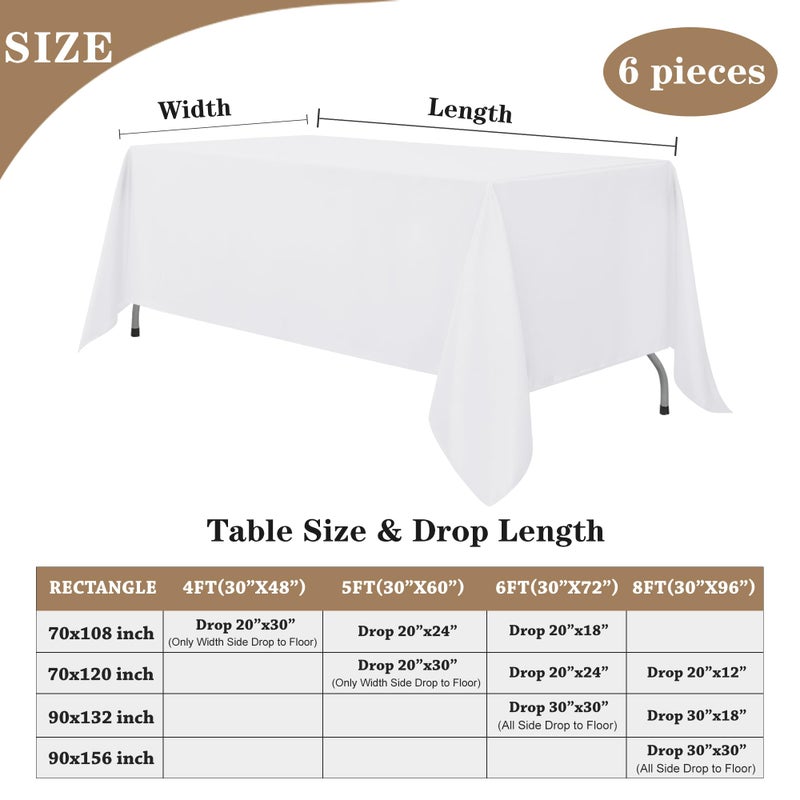 Fitable White Tablecloths for Rectangle Tables, 6 Pack - 70 x 120 Inches - Reusable and Washable Table Clothes for 6-8 Ft Tables, Polyester Fabric Table Covers for Wedding, Party, Banquet - Image 4