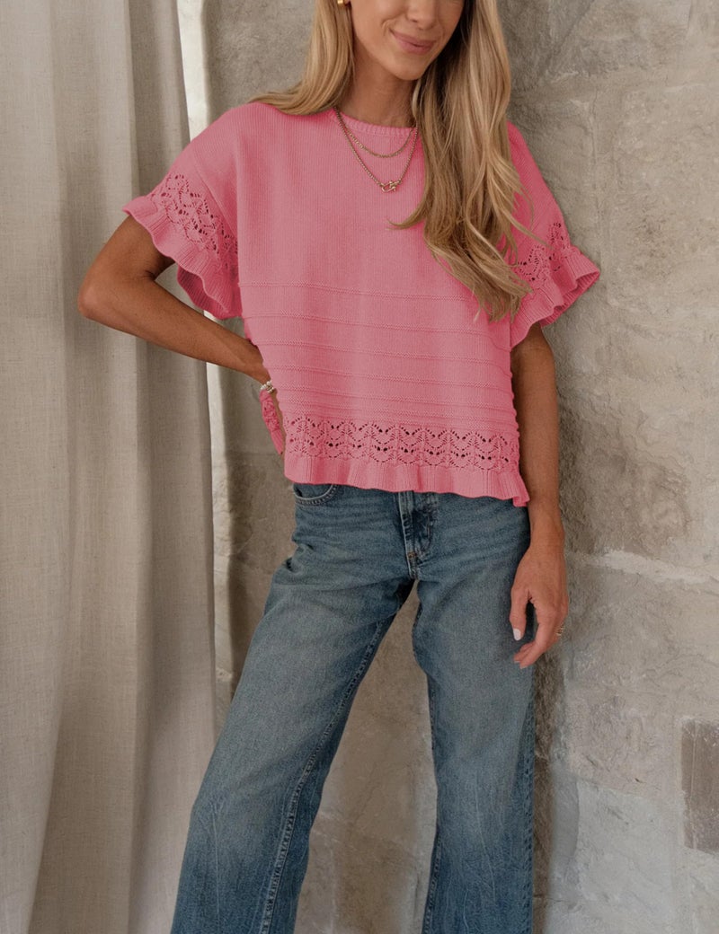 Yeokou Womens Short Sleeve Sweater Round Neck Ruffled Hem Knit Crochet Pullover Summer Fall Casual Top Blouse(Pink-M) - Image 5