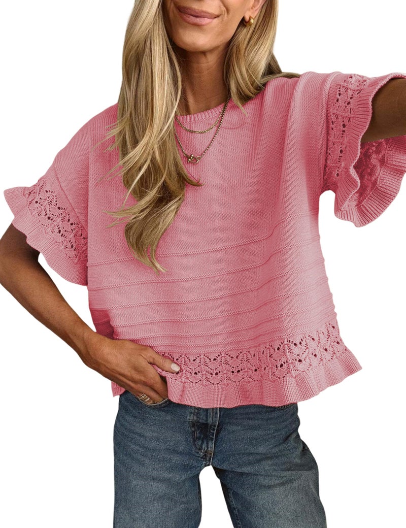 Yeokou Womens Short Sleeve Sweater Round Neck Ruffled Hem Knit Crochet Pullover Summer Fall Casual Top Blouse(Pink-M) - Image 1