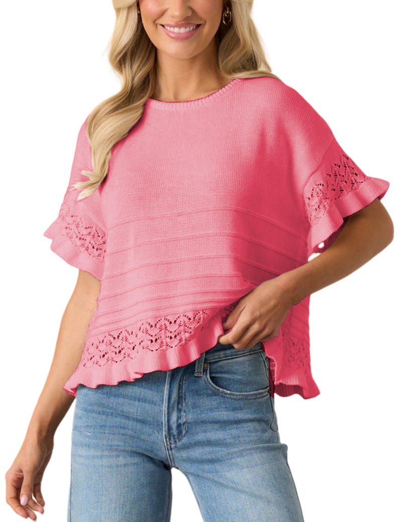 Yeokou Womens Short Sleeve Sweater Round Neck Ruffled Hem Knit Crochet Pullover Summer Fall Casual Top Blouse(Pink-M) - Image 2