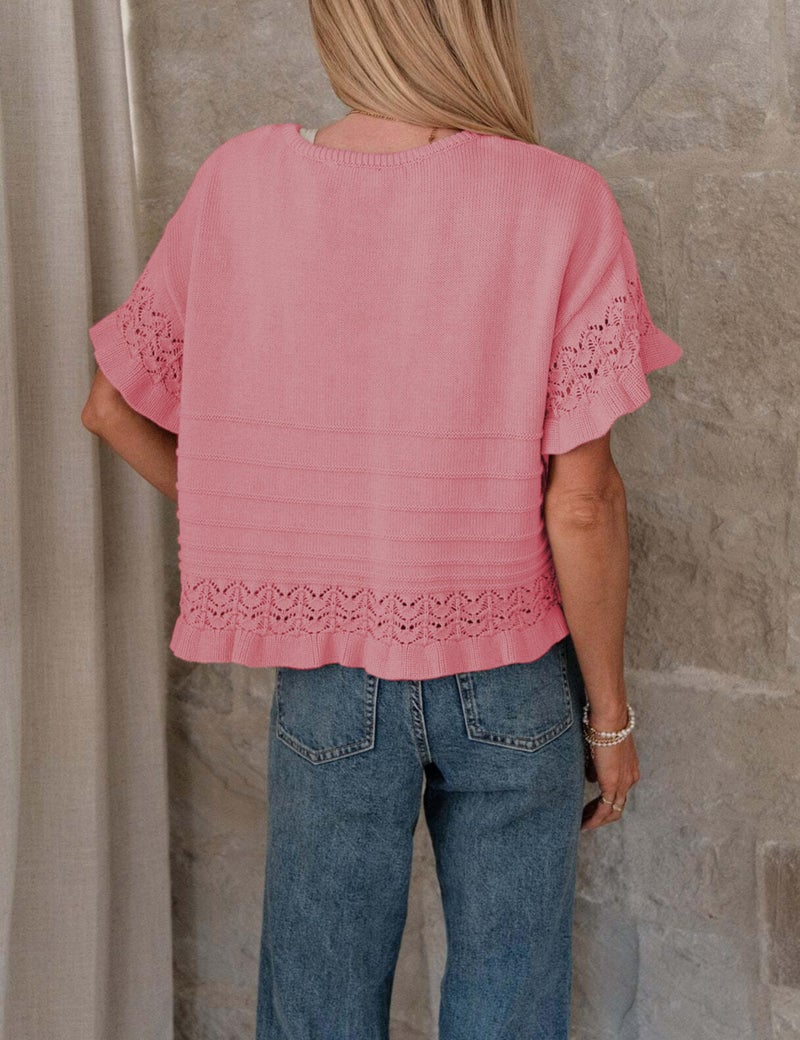 Yeokou Womens Short Sleeve Sweater Round Neck Ruffled Hem Knit Crochet Pullover Summer Fall Casual Top Blouse(Pink-M) - Image 4