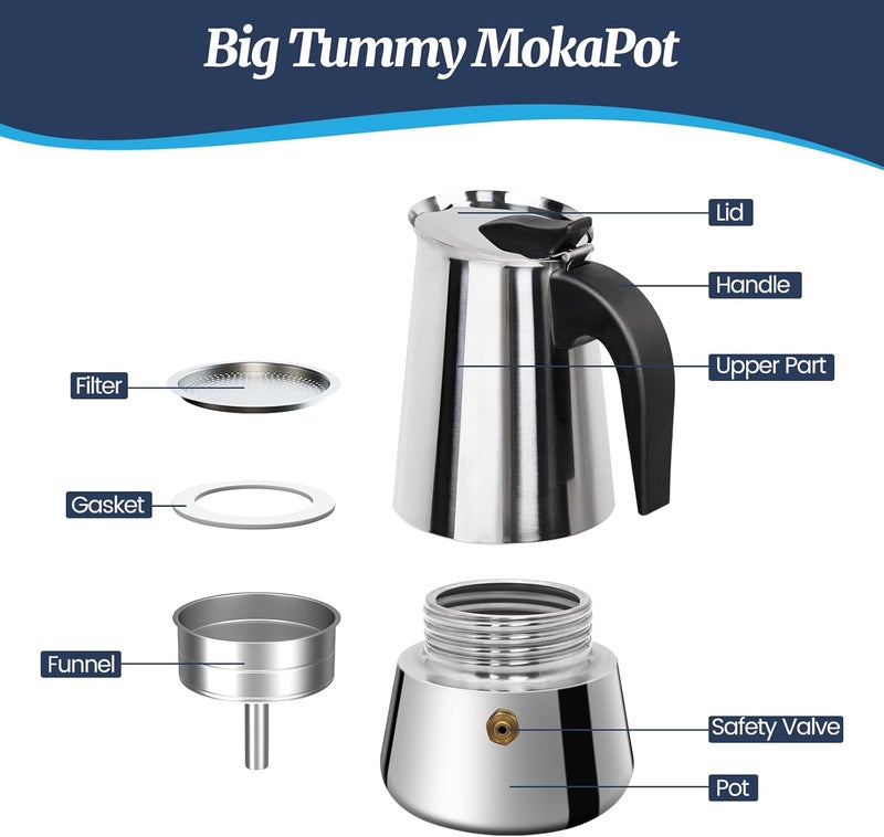Supvision 9 Cup Moka Pot Stainless Steel 450ml Italian Espresso Coffee Maker Stovetop Coffee Makers Mocha Pot Percolator Greca Coffee Maker for Induction Stove Portable for Easy Brewing Tummy - Image 3